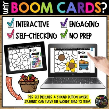 Fall Boom Cards™ Digital Color by Code SUNFLOWERS Distance Learning, Doubles