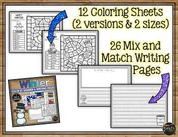 Winter Activities for Writing and Math | Color by Number and Writing Pages