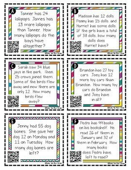 Two Step Word Problems Task Cards, QR Codes, Numbers Up To 99