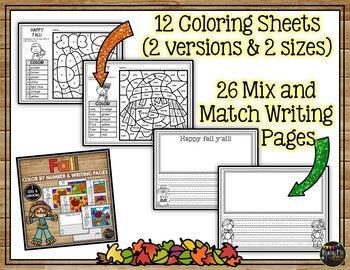 Fall Color by Number Math Pages & Writing Sheets Activities Morning Work