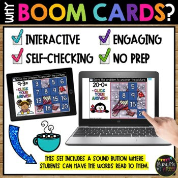 WINTER Boom Cards™ Uncover the Picture Set 1 Adding & Subtracting to 20