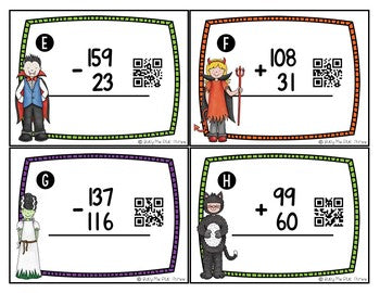Halloween Math Game, Addition and Subtraction Scoot, NO Regrouping {QR Codes}