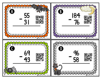 Halloween Math Game, Subtraction, 2 and 3 Digit With Regrouping {QR Codes}