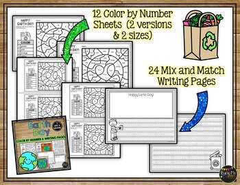 Earth Day Activities for Writing and Math | Color by Number and Writing Pages