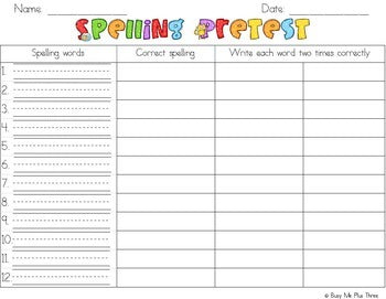 Spelling Test Papers and Spelling Pretest Pages {10, 12, 15, & 20 Word Lists}