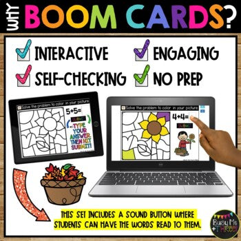 Boom Cards™ Fall Color by Code SUNFLOWER Digital Learning Activity, Addition