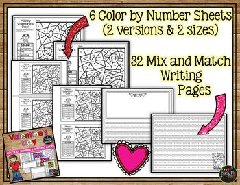 Valentine's Day Activities for Math & Writing | Color by Number & Writing Sheets