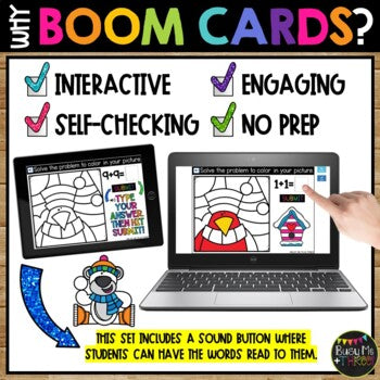 Winter Boom Cards™ Digital Color by Code RED BIRD Distance Learning Doubles