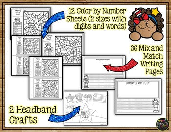 Fourth of July Activities for Writing & Math Color by Number & Writing Pages 4th