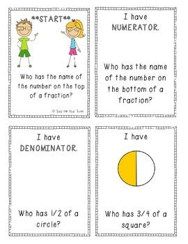 Fractions Game I Have Who Has, Fourths, Thirds, Halves, FIRST GRADE