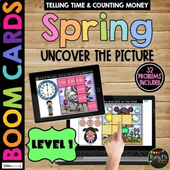 SPRING Boom Cards™ Uncover the Picture Set 2 Telling Time and Counting Money