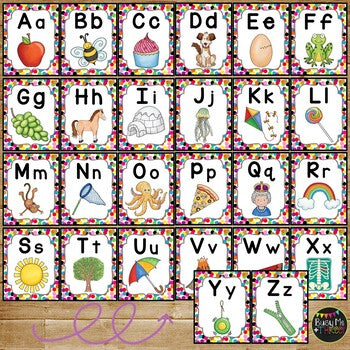 Alphabet Posters and Word Wall Labels Rainbow Confetti White and Chalkboard