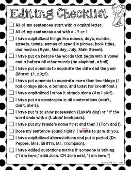 Editing Checklist for Writing, First Grade and Second Grade