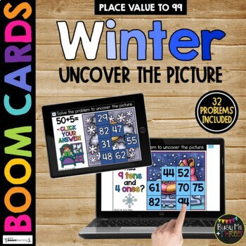 WINTER Boom Cards™ Uncover the Picture BUNDLE Fact Fluency & Place Value