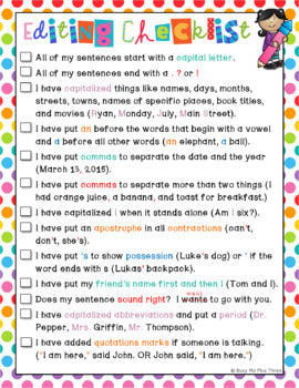 Editing Checklist for Writing, First Grade and Second Grade