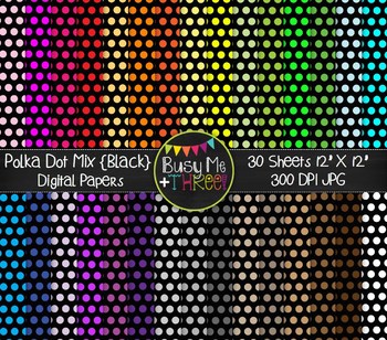 Polka Dot Mix on Black Digital Papers {Commercial Use Digital Graphics}