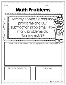 Word Problems Addition and Subtraction with Base Ten Blocks Triple Digit Numbers