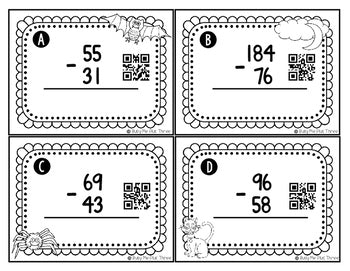 Halloween Math Game, Subtraction, 2 and 3 Digit With Regrouping {QR Codes}