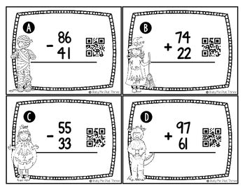 Halloween Math Game, Addition and Subtraction Scoot, NO Regrouping {QR Codes}