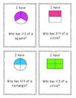 Fractions Game I Have Who Has, Fourths, Thirds, Halves, FIRST GRADE