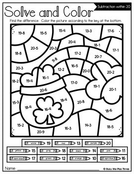 Color by Code St. Patrick's Day Math Activities {Addition & Subtraction to 20}