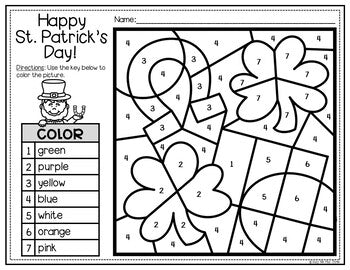 ST. PATRICK'S DAY Activities for Writing & Math Color by Number & Writing Pages