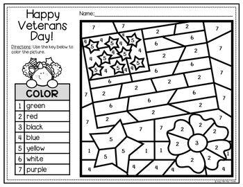 Veterans Day Activities for Writing and Math | Color by Number and Writing Pages