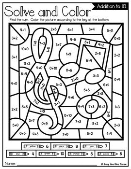 Color by Code MUSIC CLASS Color by Number {Addition & Subtraction to 10}