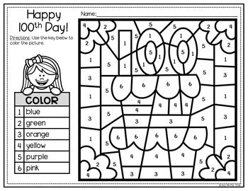 100th Day of School Activities Color by Number Worksheets and Writing Pages