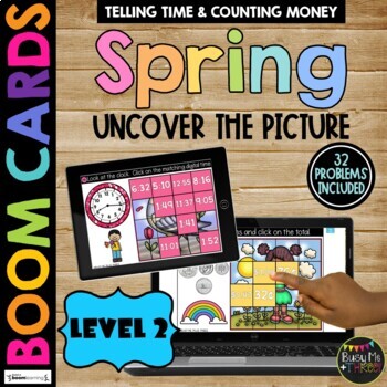 SPRING Boom Cards™ Uncover the Picture Set 2 Telling Time and Counting Money