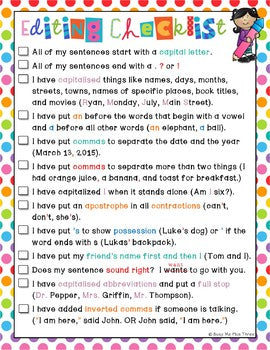 Daily Editing Checklist for First and Second Grade **UK VERSION**