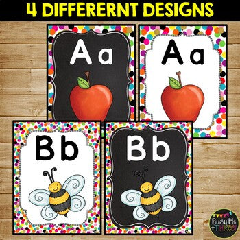 Alphabet Posters and Word Wall Labels Rainbow Confetti White and Chalkboard