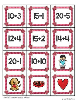 Valentine's Day Bingo, Addition and Subtraction Math Bingo Game