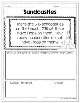 Word Problems Addition and Subtraction with Base Ten Blocks Triple Digit Numbers