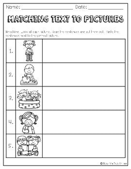 Matching Pictures to Text Worksheet, Reading Strategies, Kinder & 1st Grade