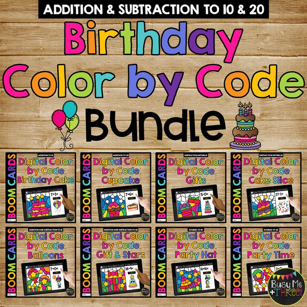Birthday Boom Cards™ Color by Code BUNDLE, 8 Decks Add & Subtract
