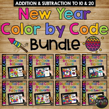 New Years 2021 Boom Cards™ DIGITAL Color by Code BUNDLE, 8 Decks Add & Subtract