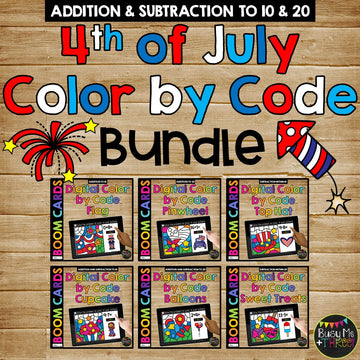 4th of July Boom Cards™ Color by Code BUNDLE, 6 Decks Add & Subtract