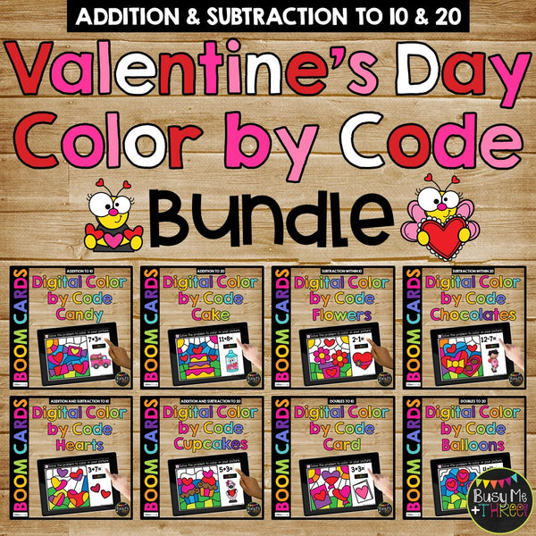 Boom Cards™ Valentine's Day DIGITAL Color by Code BUNDLE, 8 Decks Add & Subtract