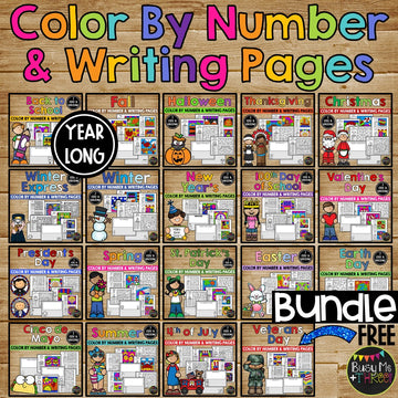 Color by Number & Writing Pages Growing BUNDLE Holidays & Seasons YEAR LONG
