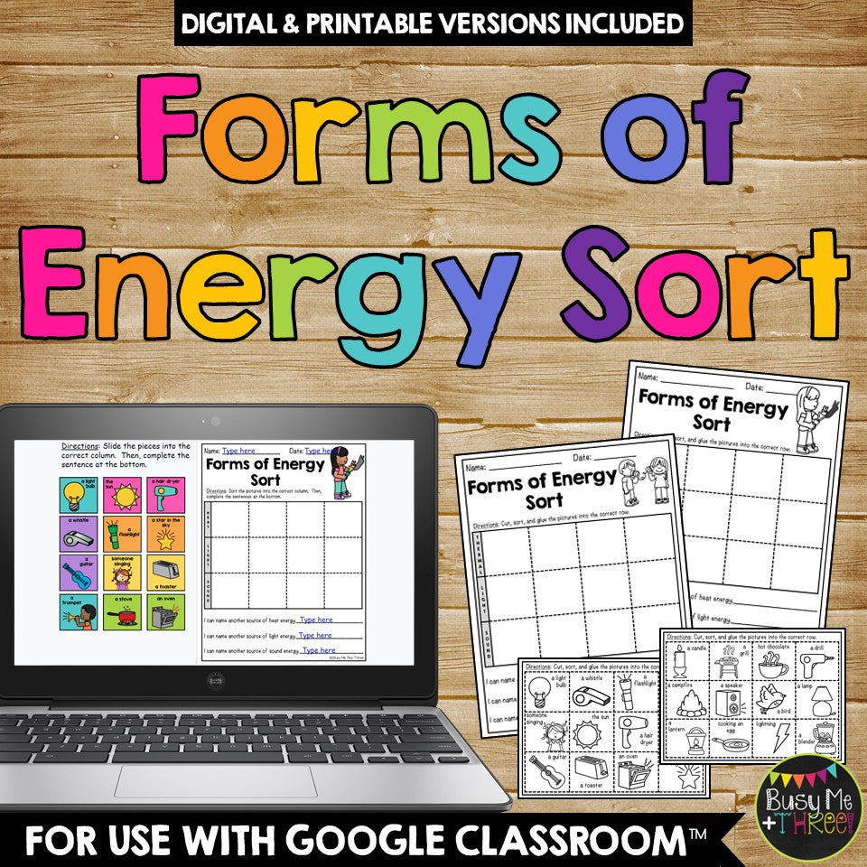 Forms of Energy Sort DIGITAL & PRINTABLE Heat (Thermal), Light, Sound