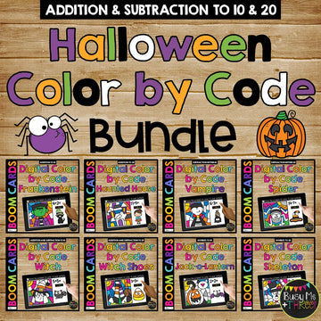 Halloween Color by Code Boom Cards™ BUNDLE Distance Learning Add and Subtract