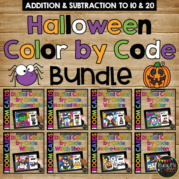 Halloween Color by Code Boom Cards™ BUNDLE Distance Learning Add and Subtract