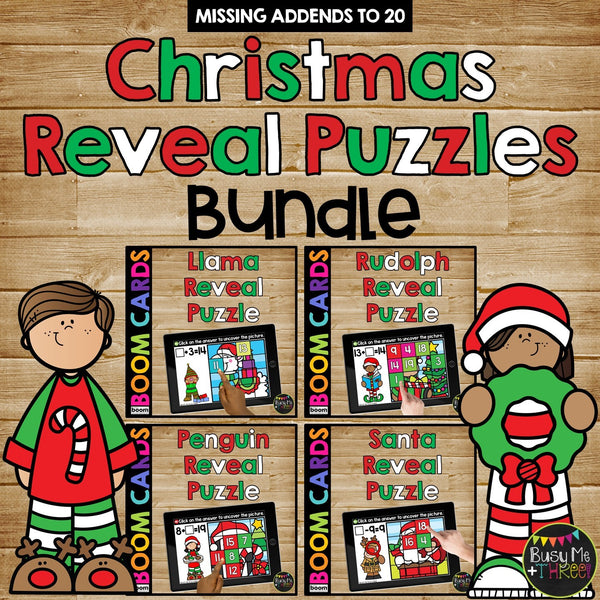 Christmas Math Activities Boom Cards™ Mystery Picture Reveal Puzzles Reindeer