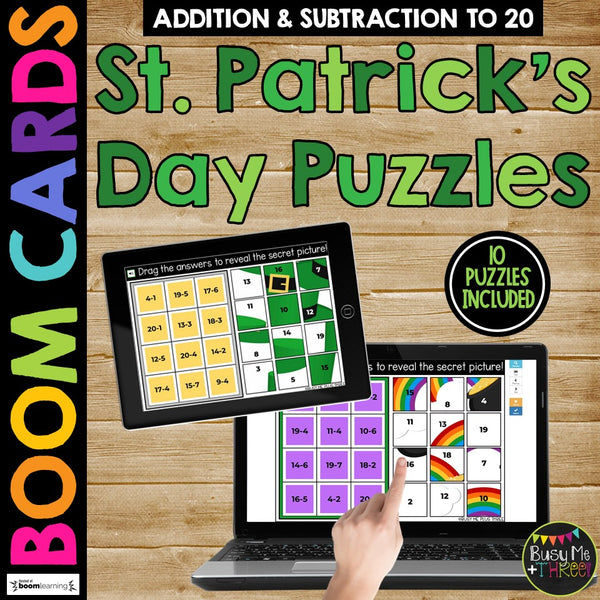 St. Patrick's Day Boom Cards™ Math Puzzles Digital Learning Mystery Pictures