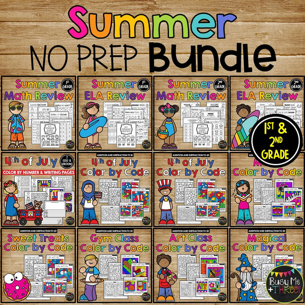 Summer NO PREP Worksheets BUNDLE Math, Reading 1st & 2nd Grade