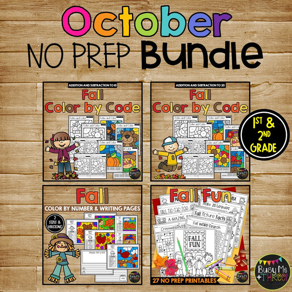 October NO PREP Printables BUNDLE Math, Reading 1st and 2nd Grade