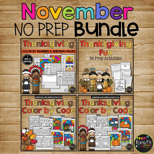 November NO PREP Worksheets BUNDLE Math, Reading 1st, 2nd