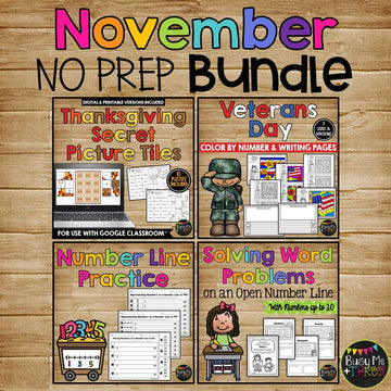 November NO PREP Worksheets BUNDLE Math, Reading 1st, 2nd