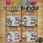 November NO PREP Worksheets BUNDLE Math, Reading 1st, 2nd